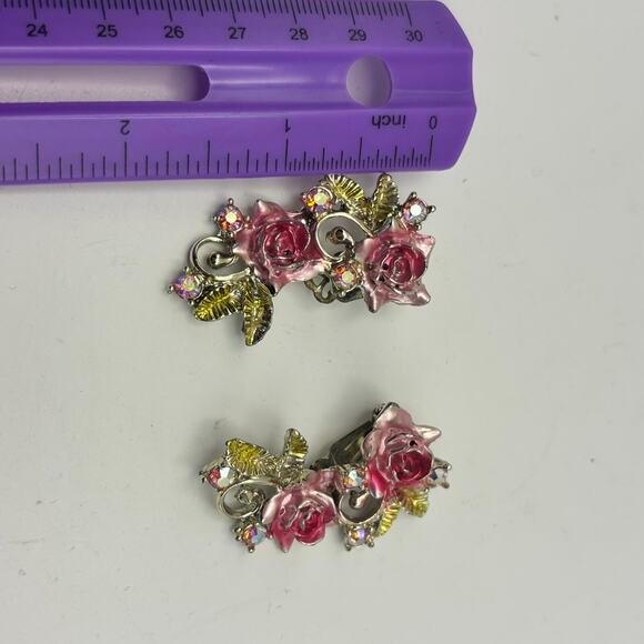Vintage Pink Rose Enamel Clip On Earrings Floral Rhinestone Glitter Accents - Picture 2 of 4
